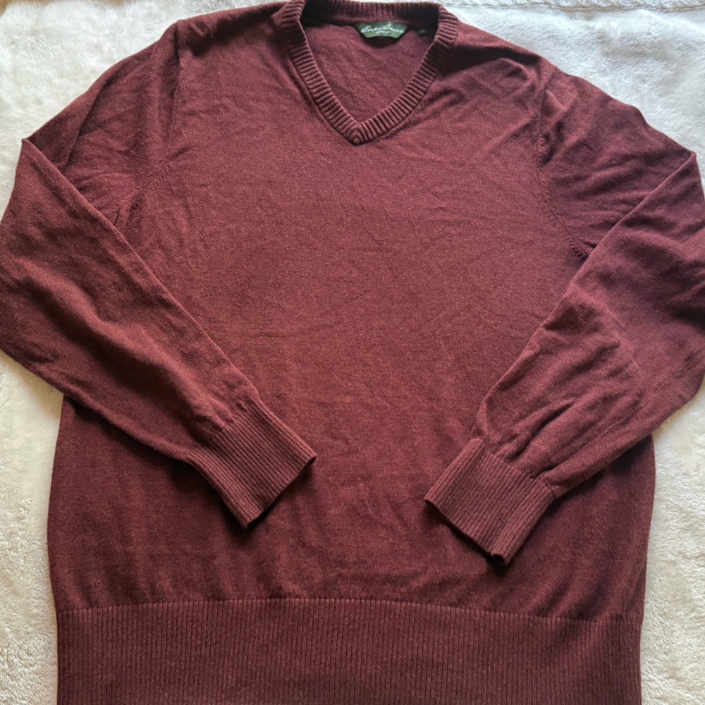 Eddie Bauer Men’s Cotton Cashmere Blend V Neck Sweater Burgundy Size Large Tall